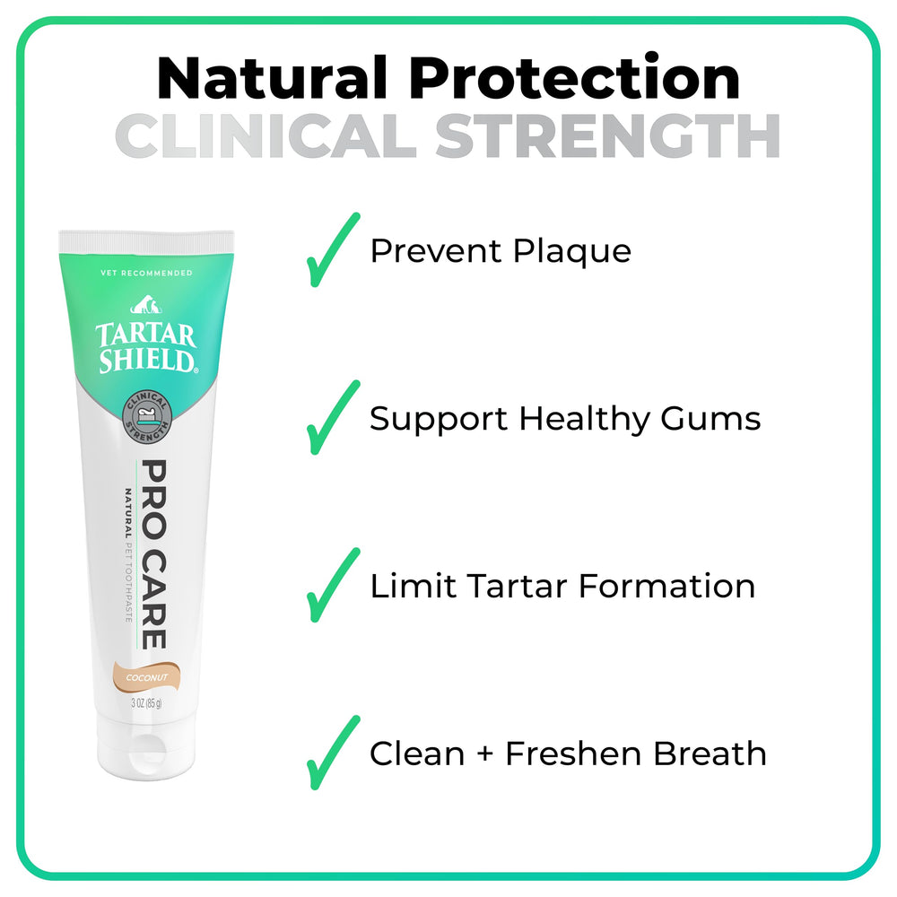 Tartar Shield Pro Care natural ingredients showcase coconut oil and miswak for daily dental cleaning.