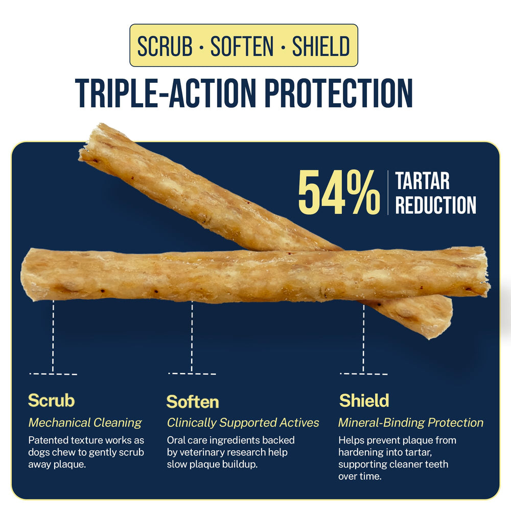 USA-made Tartar Shield chew label highlighting domestic ingredients and quality.