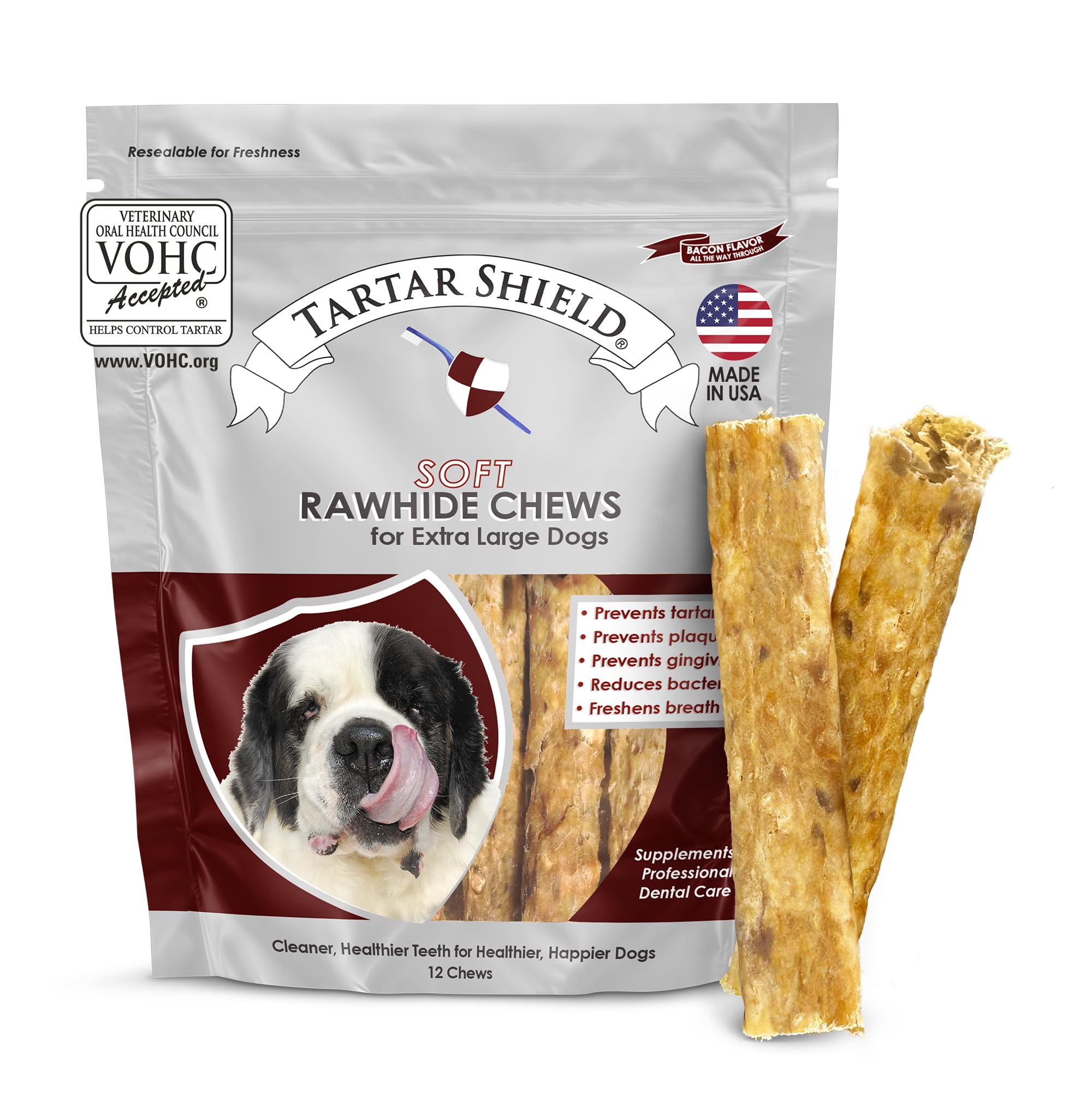 Tartar Shield Soft Rawhide Chew for XL dogs, close-up bone shape supporting fresh breath.