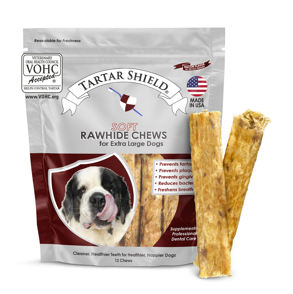 Tartar Shield Soft Rawhide Chew for XL dogs, close-up bone shape supporting fresh breath.
