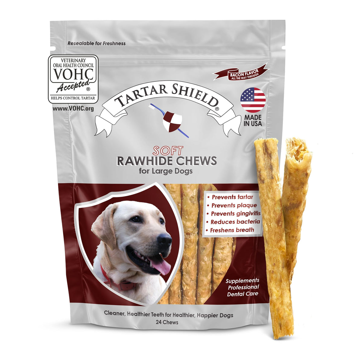 Tartar Shield Soft Rawhide Chews for large dogs in a 24-count pack, support daily oral care.