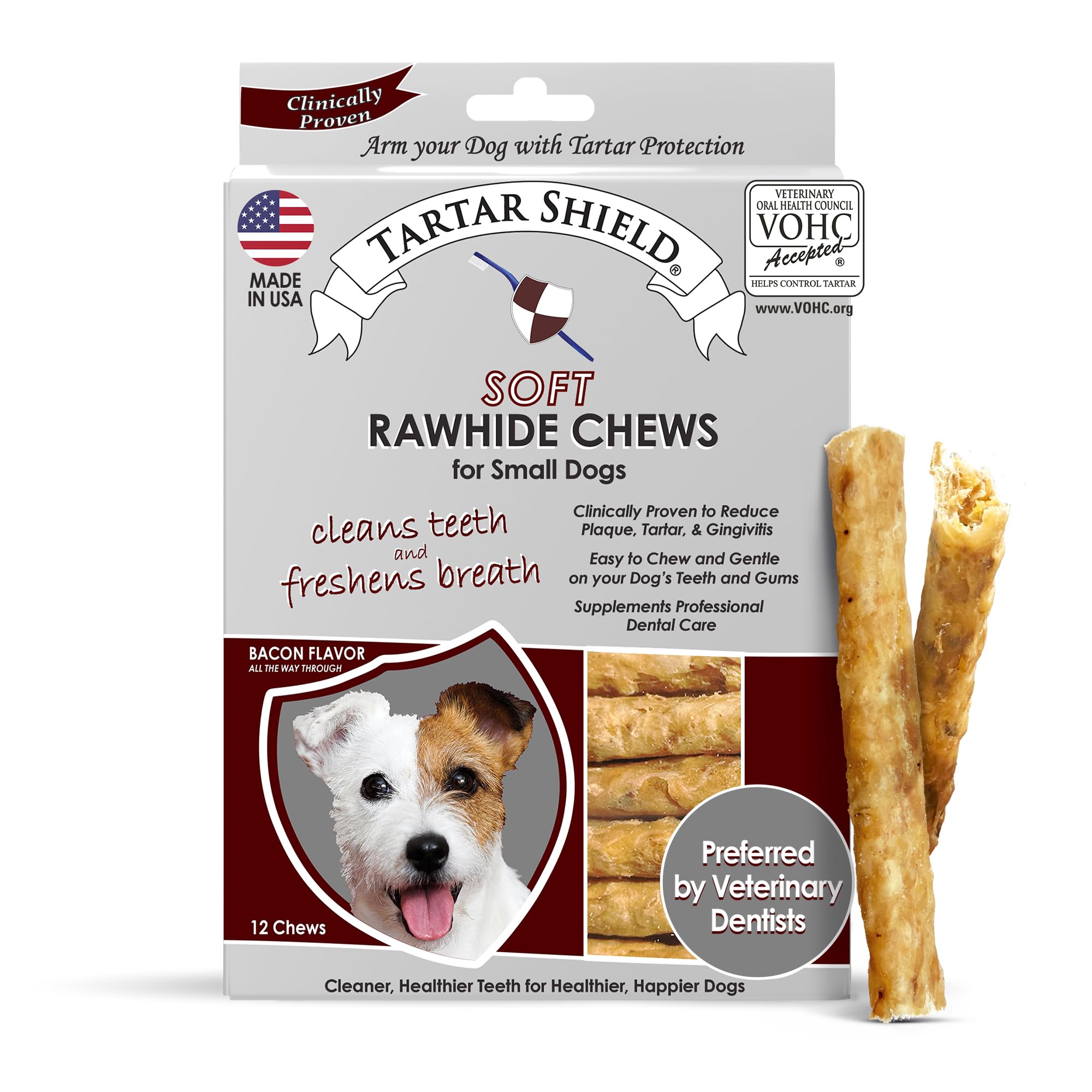 Tartar Shield Soft Rawhide Chews packaging front for small dogs with bacon flavor