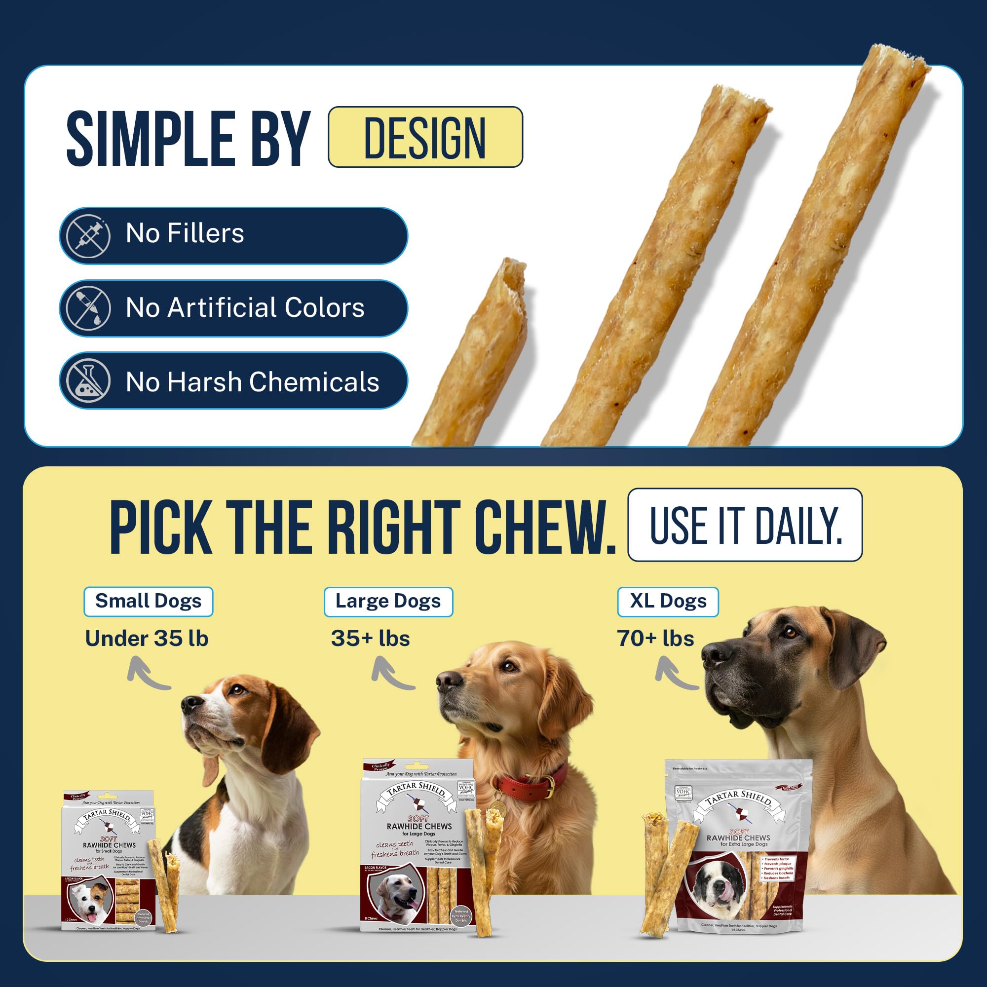 Small dog enjoying Tartar Shield chew in a home setting