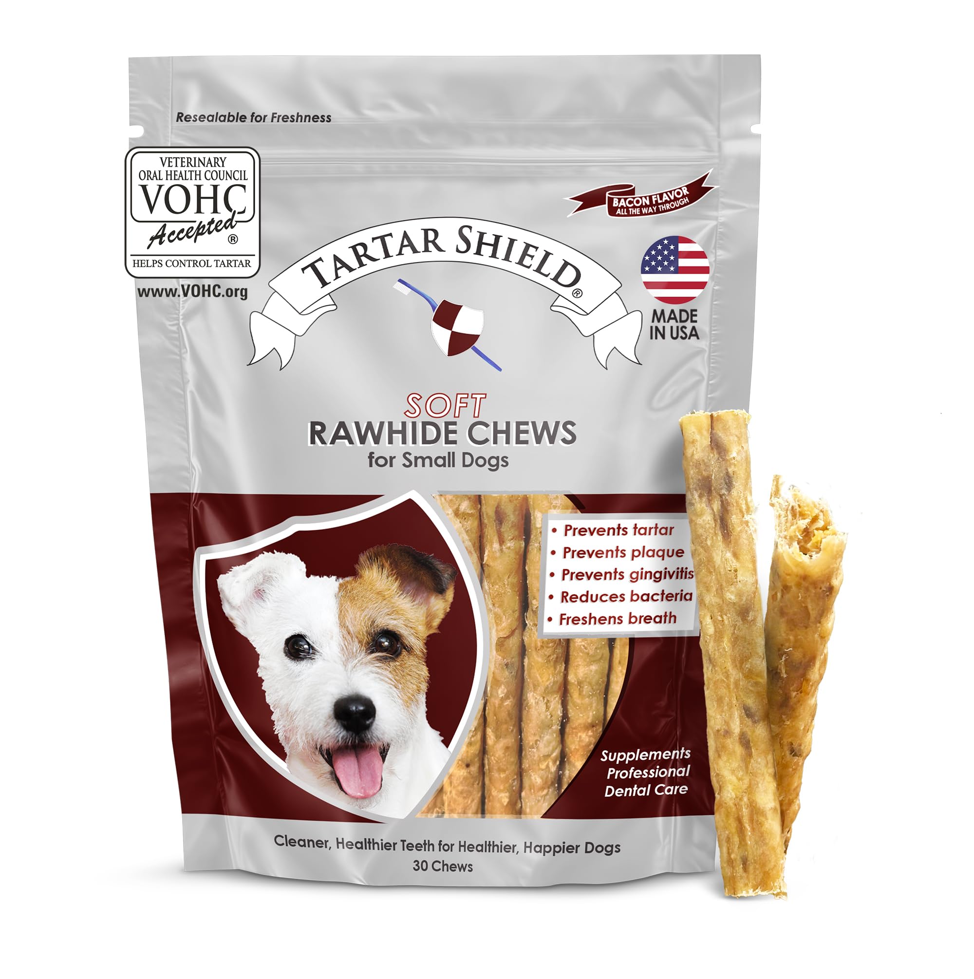 Tartar Shield soft rawhide chews for small dogs promote fresher breath