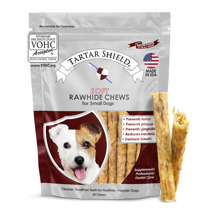 Tartar Shield soft rawhide chews for small dogs promote fresher breath