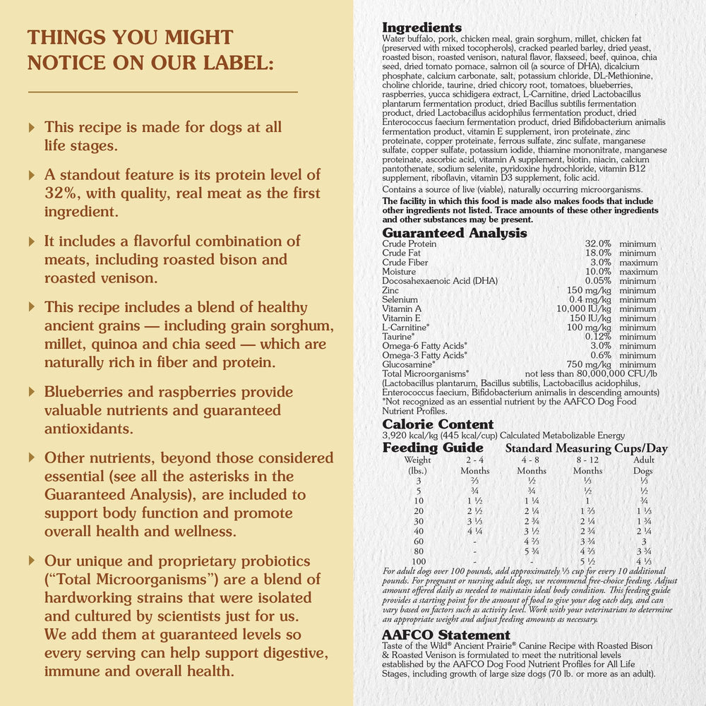 Taste of the Wild ancient grains kibble closeup emphasizes wholesome ingredients for energy