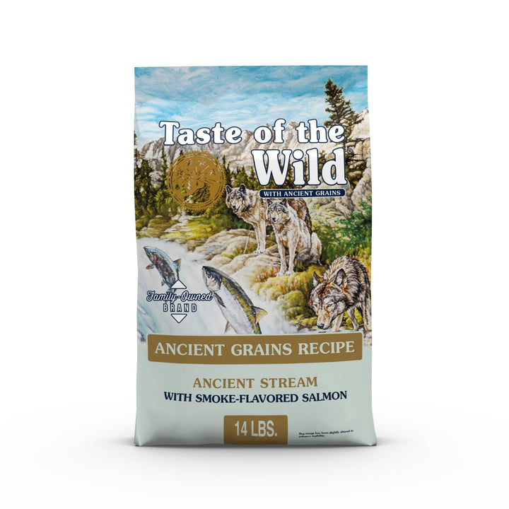 Taste of the Wild Ancient Stream smoke salmon bag close-up highlights premium ingredients