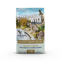 Taste of the Wild Ancient Stream smoke salmon bag close-up highlights premium ingredients