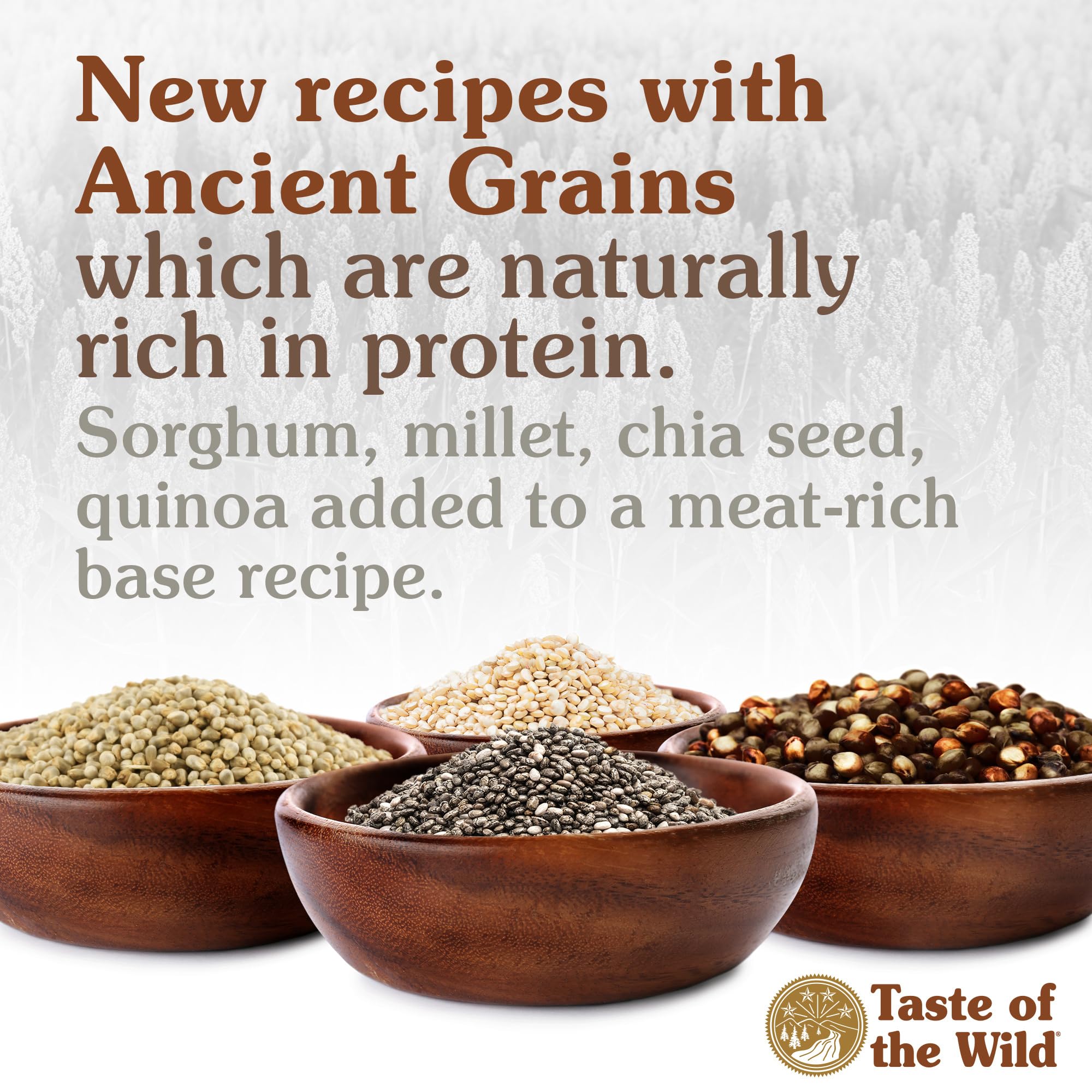 Taste of the Wild Ancient Wetlands ancient grains packaging highlighting nutrition