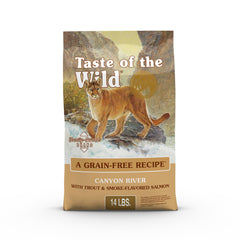 Taste of the Wild Canyon River bag features trout and smoke-flavored salmon dry cat food for lean muscles.