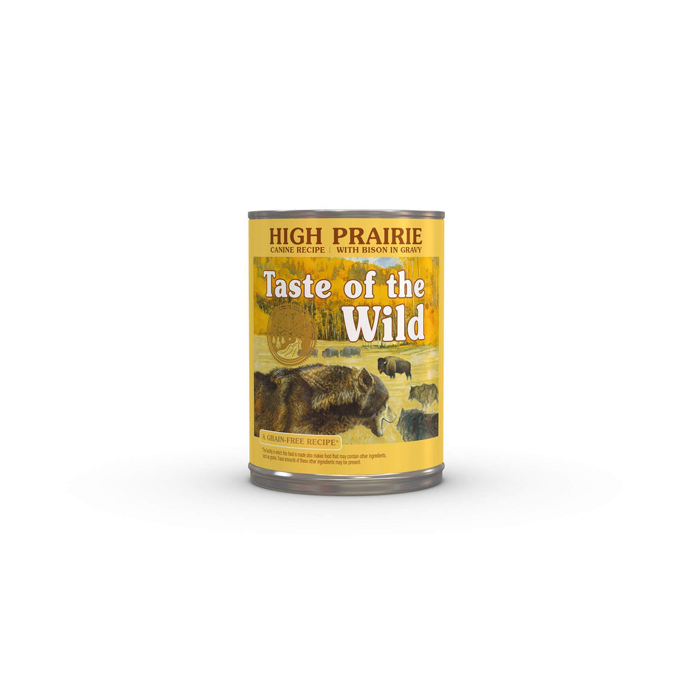 Taste of the Wild High Prairie Bison in Gravy canned dog food for lean muscles during daily activity.