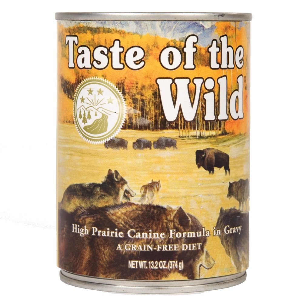 Taste of the Wild High Prairie canned dog food in gravy for savory, balanced meals