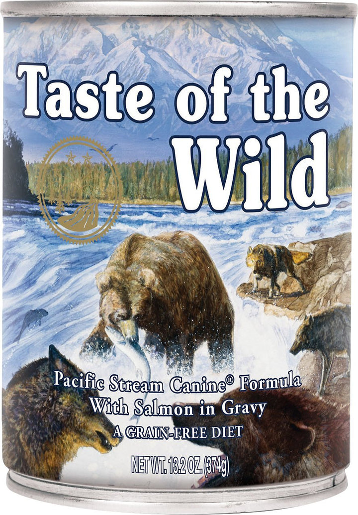 Taste of the Wild Pacific Stream salmon in gravy can for a tasty, balanced wet dog meal