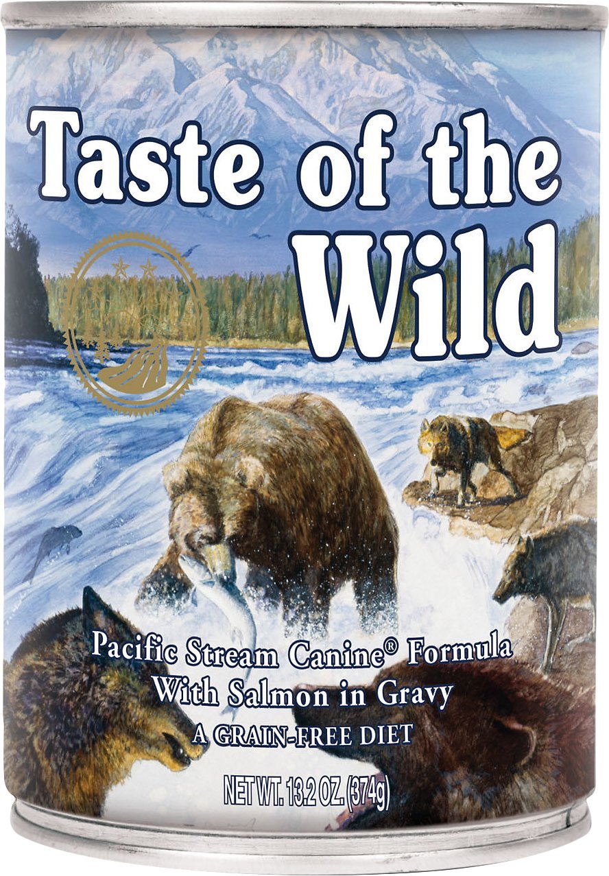 Taste of the Wild Pacific Stream salmon in gravy can for a tasty, balanced wet dog meal