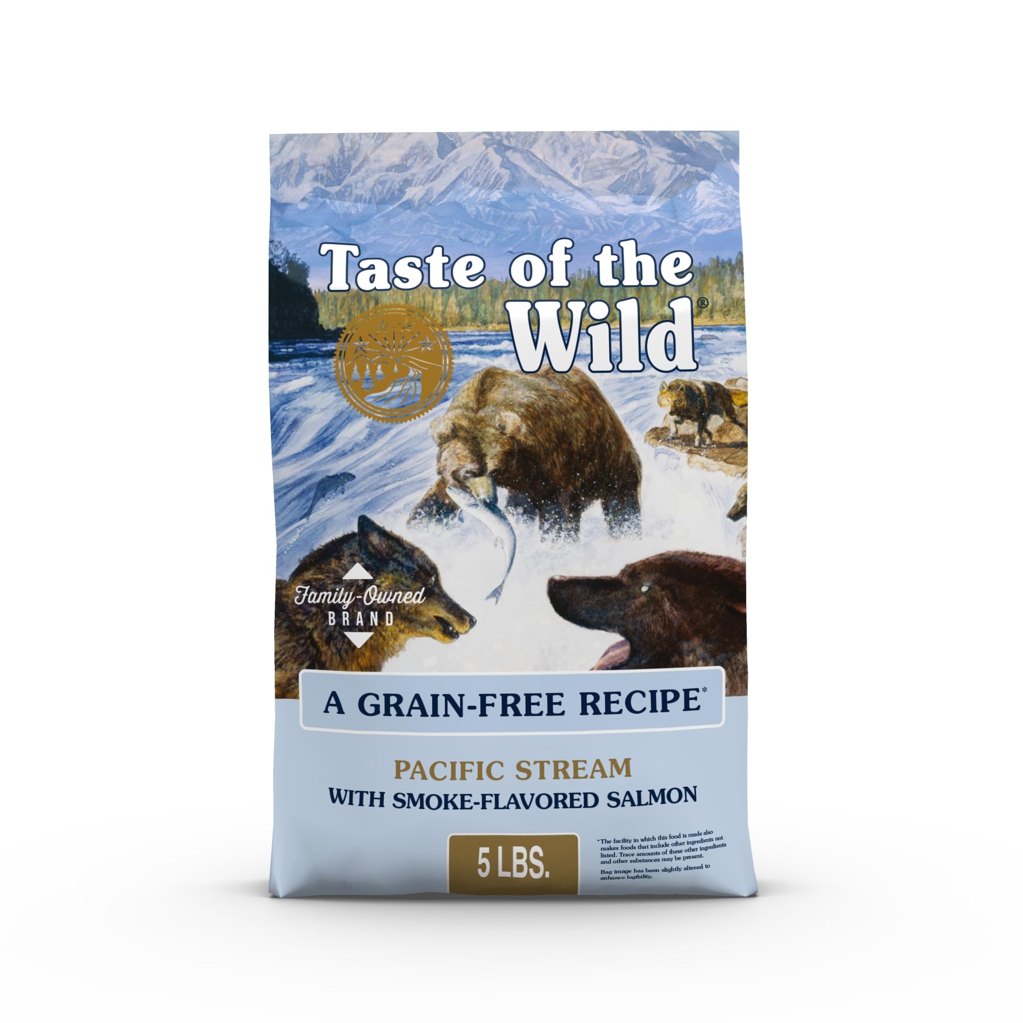 Taste of the Wild Pacific Stream dry dog food bag highlights smoke-flavored salmon for lean muscles