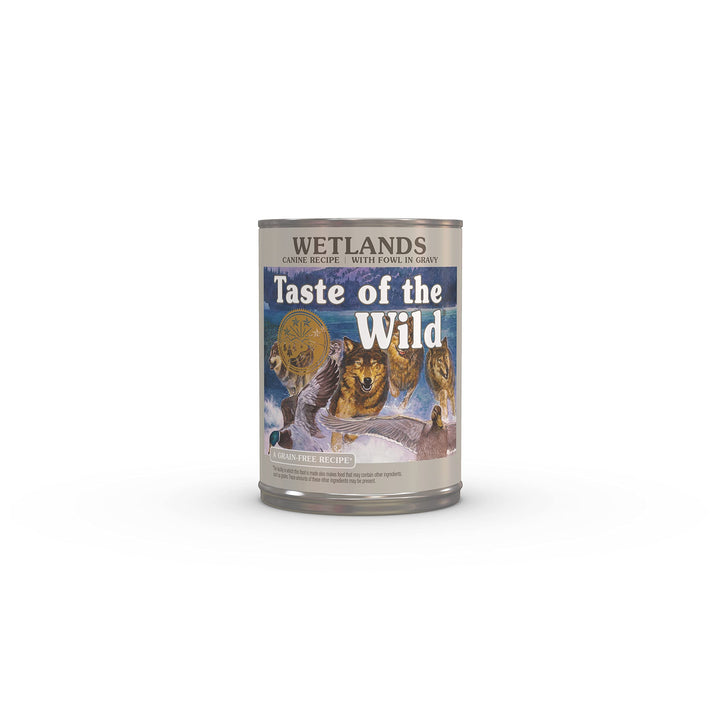 Taste of the Wild Wetlands can-dog-food with duck as the first ingredient for a protein-rich meal