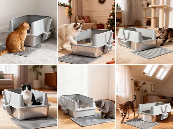 TATAANTY high-sided stainless steel litter box for reduced scatter.