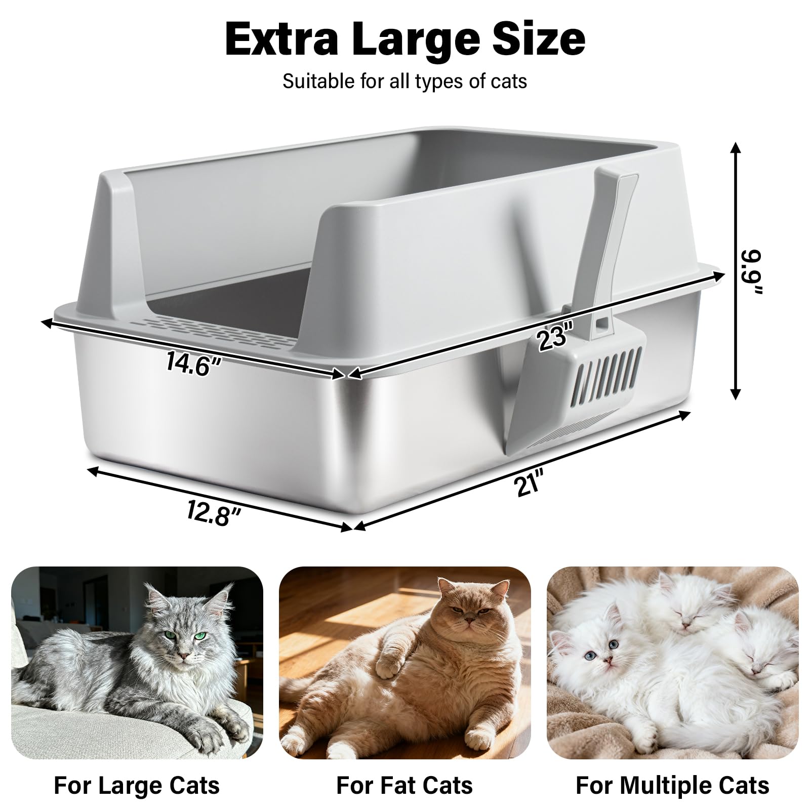 TATAANTY high-sided stainless steel litter box contains mess and supports busy multi-cat homes.