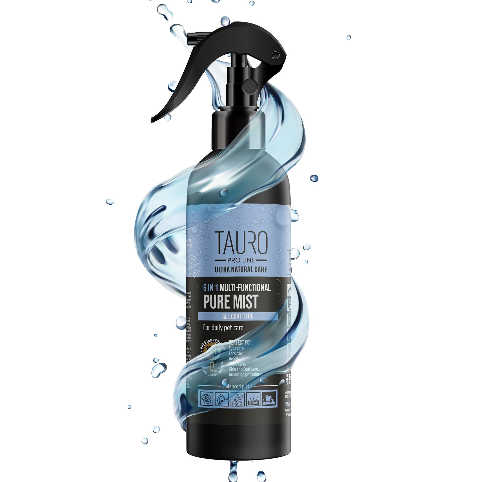 Tauro Pro Line bottle close-up showing a versatile eye and coat spray for daily care.