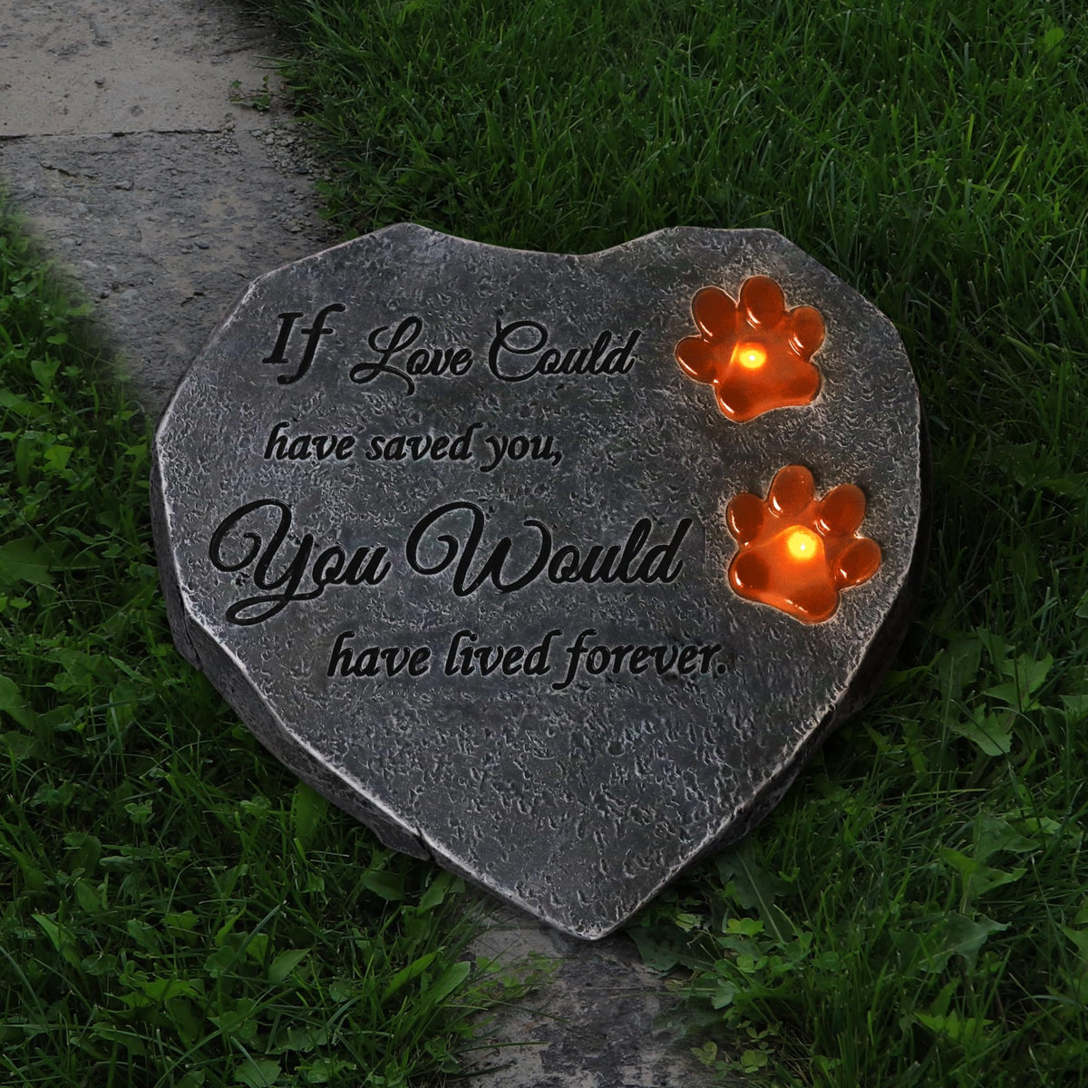 TB TIBAG heart-shaped dog memorial stone glows softly at night for remembrance.