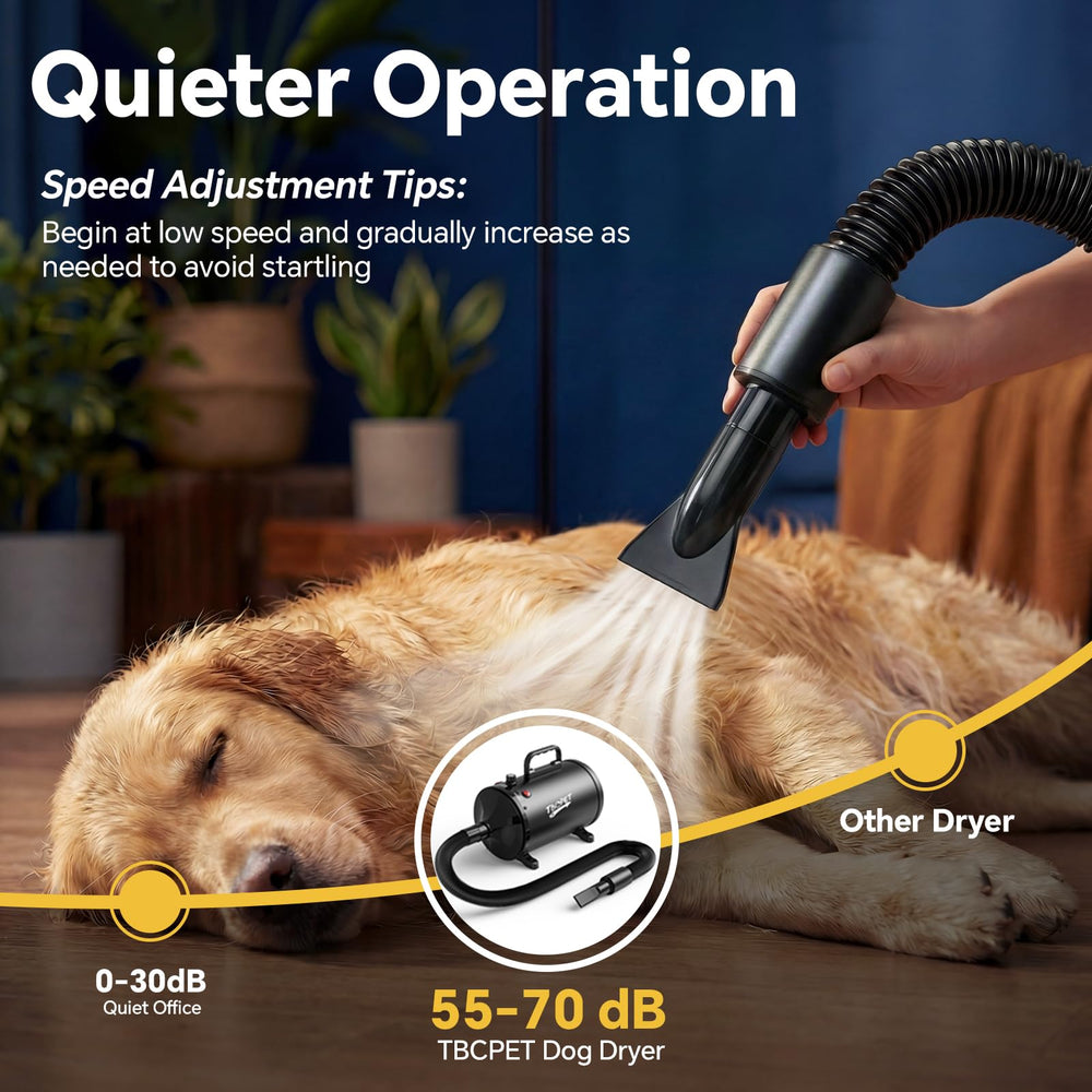 TBC PET dog dryer in-use on a medium dog demonstrates quick drying.