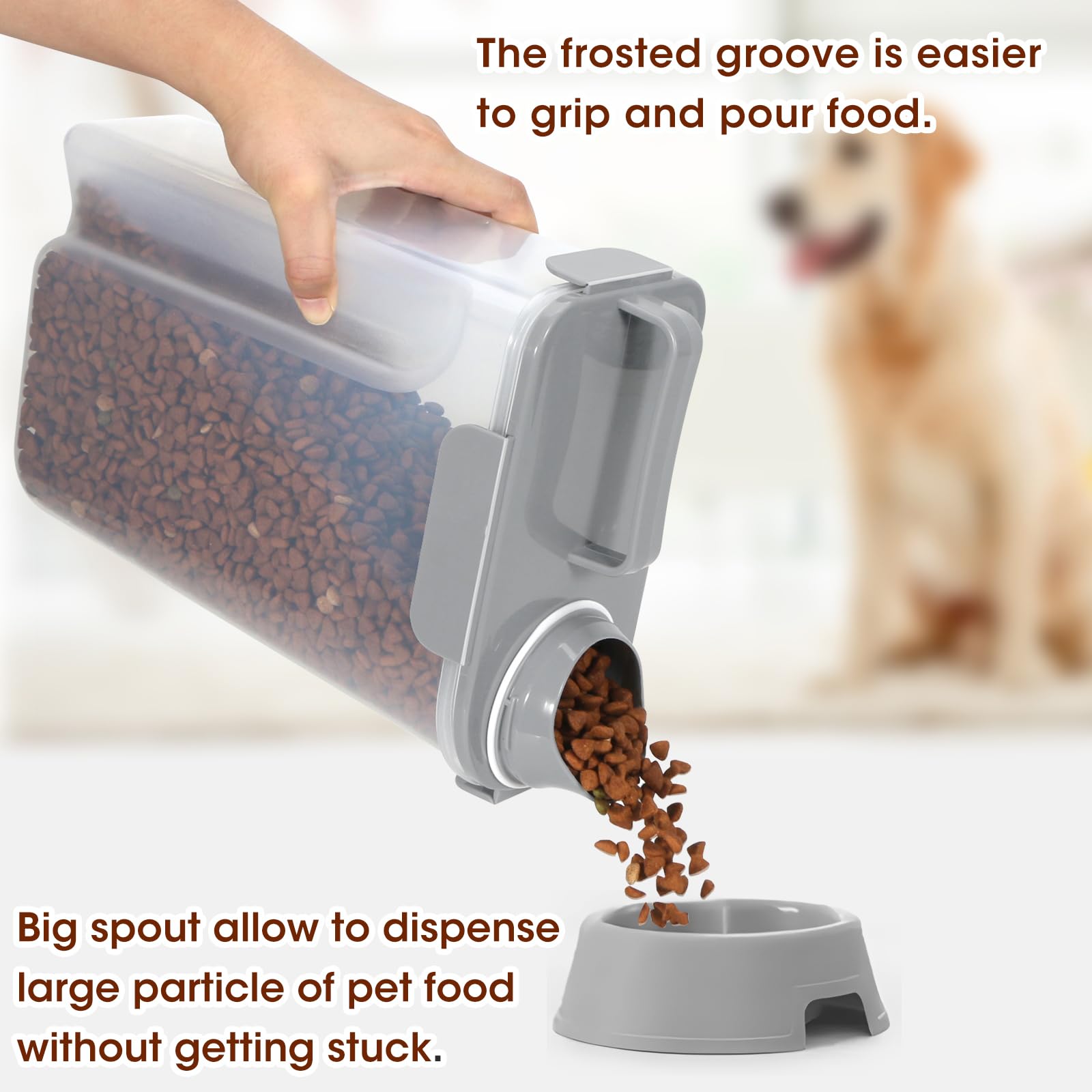 TBMax dispensing spout close-up showing easy-pour for large kibble