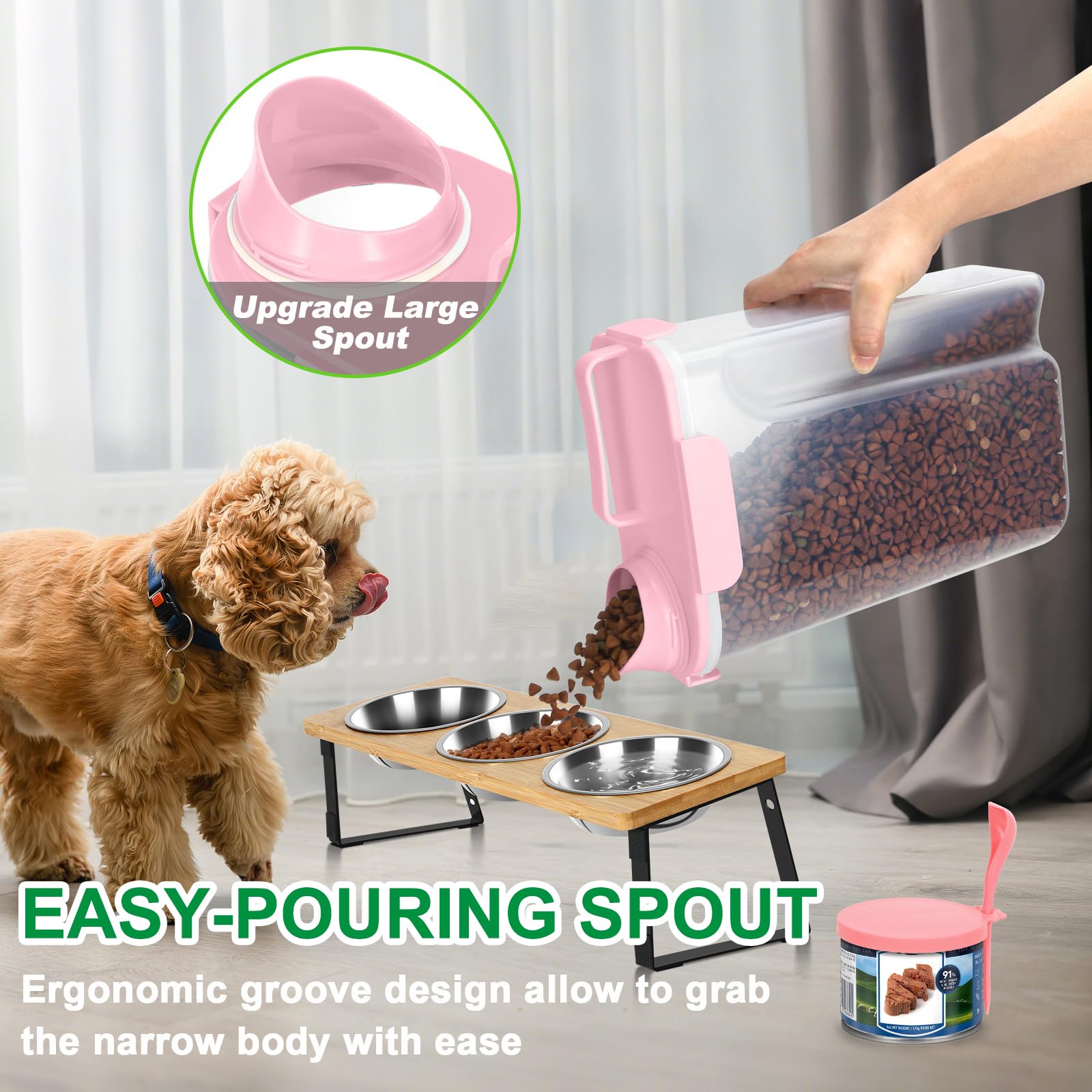 TBMax dog food bin features a large spout for easy dispensing