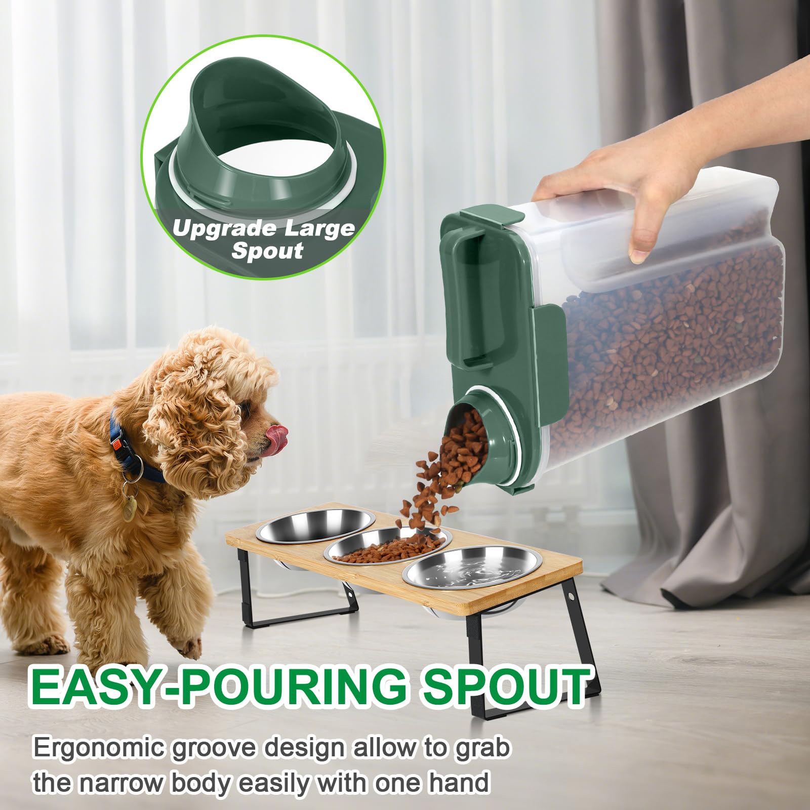 Ergonomic frosted spout enables easy pouring of kibble