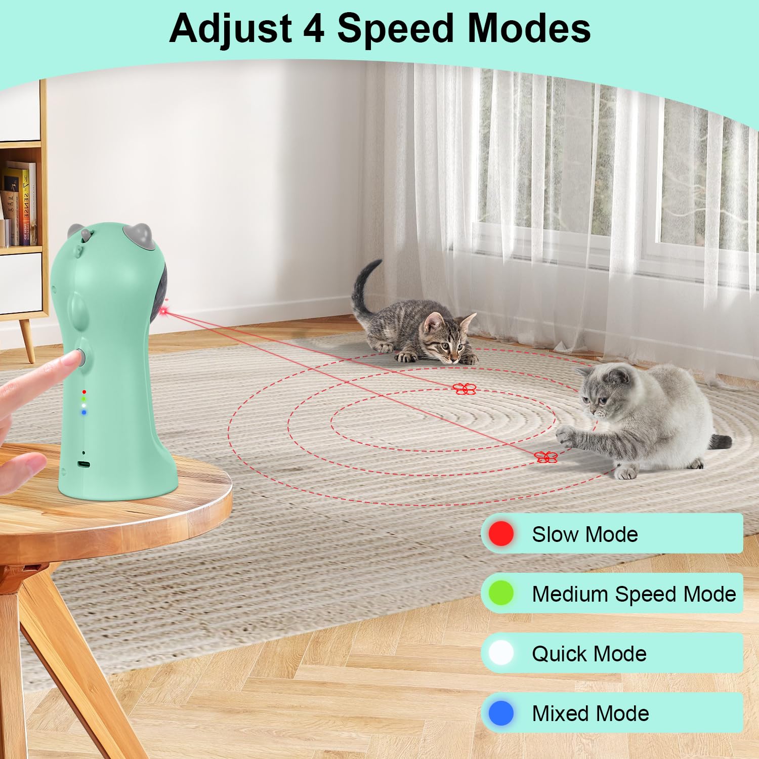 TBTeek cat toy with adjustable light angle projecting dots on walls.