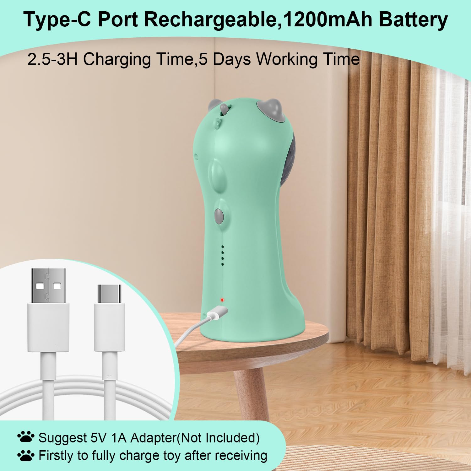 TBTeek cat toy USB-C charging cable included for quick recharges.