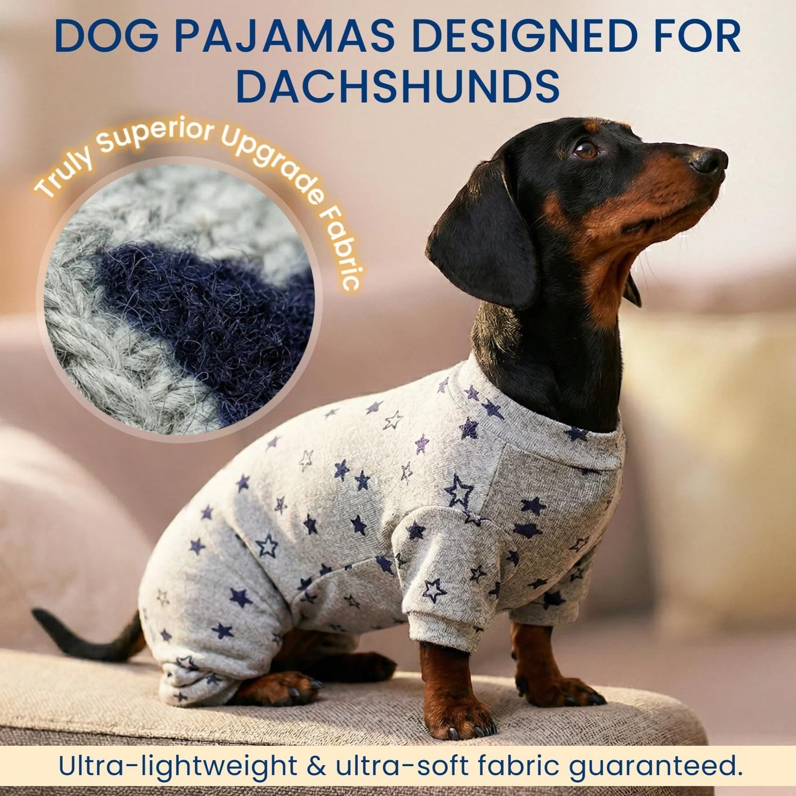 T'CHAQUE buttery-soft fabric dog onesie feels like a comforting hug.