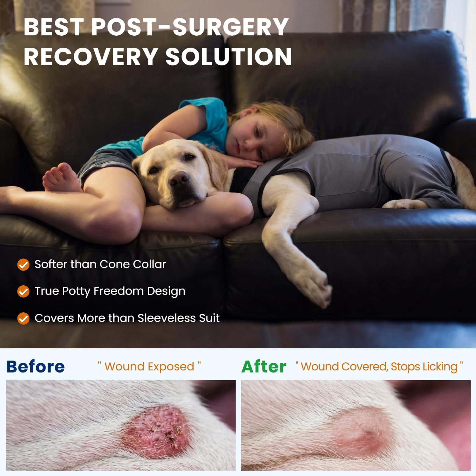 T'CHAQUE dog-spay-neuter-suit is ideal for female spay recovery at home.