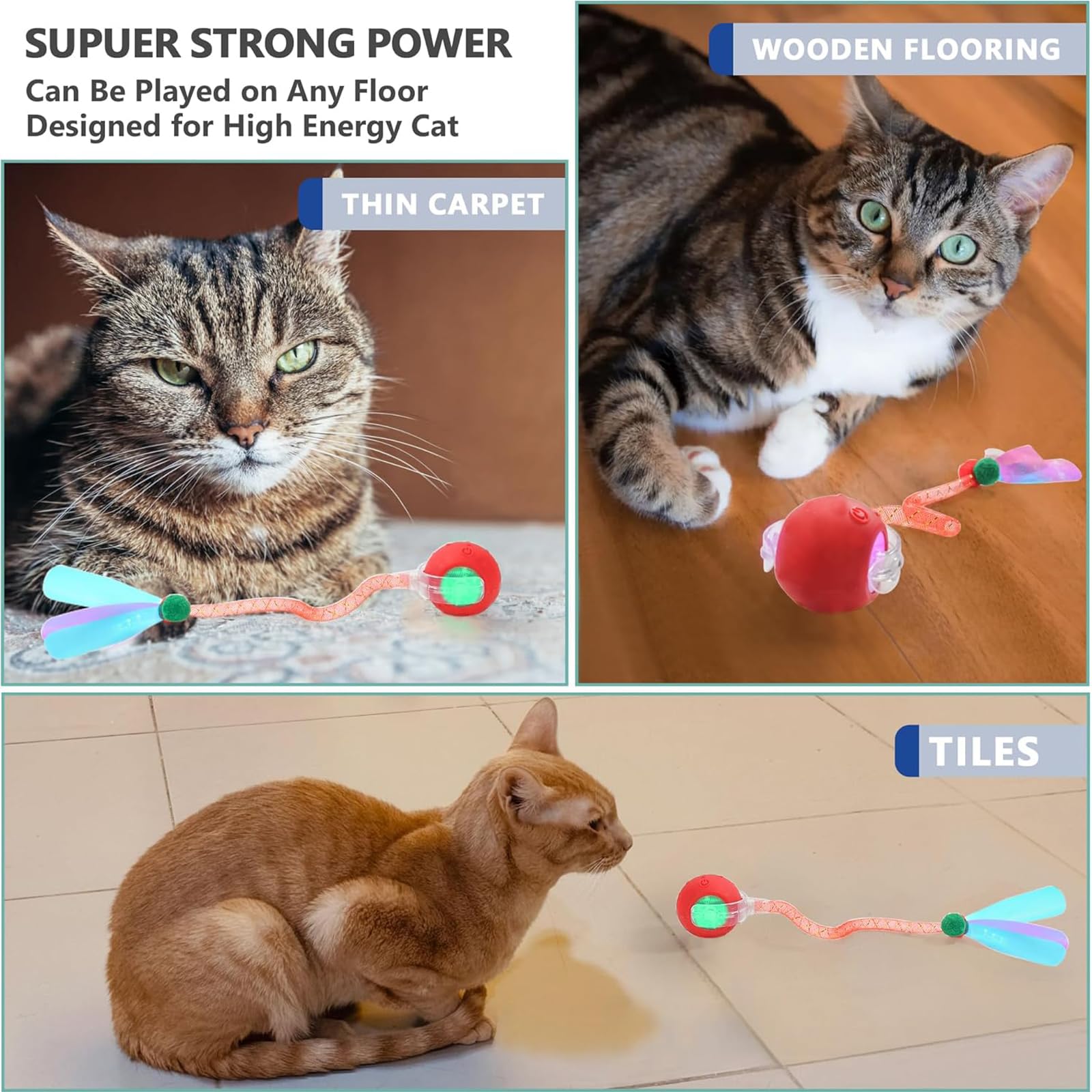 Tchernt cat ball performs well on carpets and hard floors