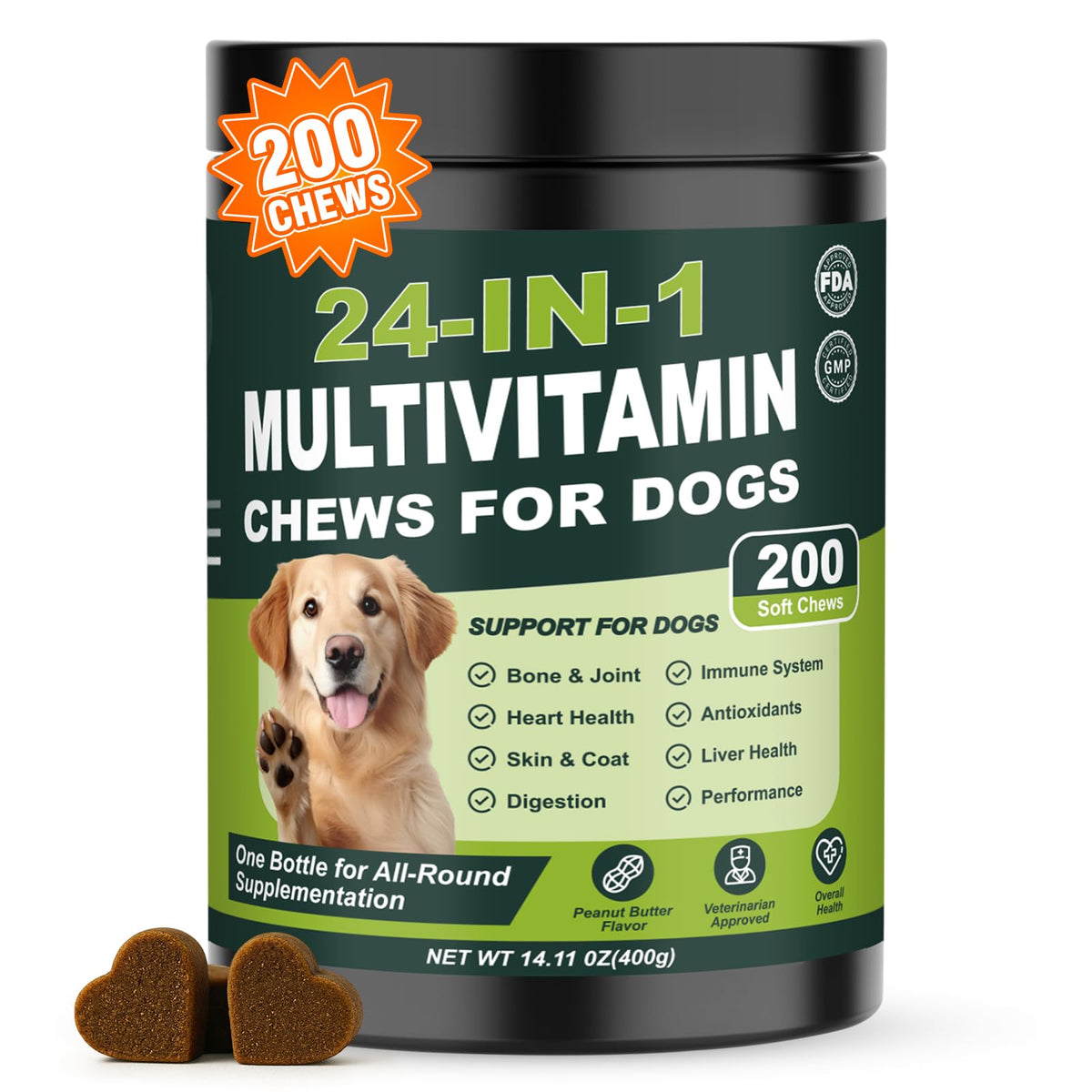 Tciika 24-in-1 dog multivitamins bottle pour demonstrates easy daily dosing.