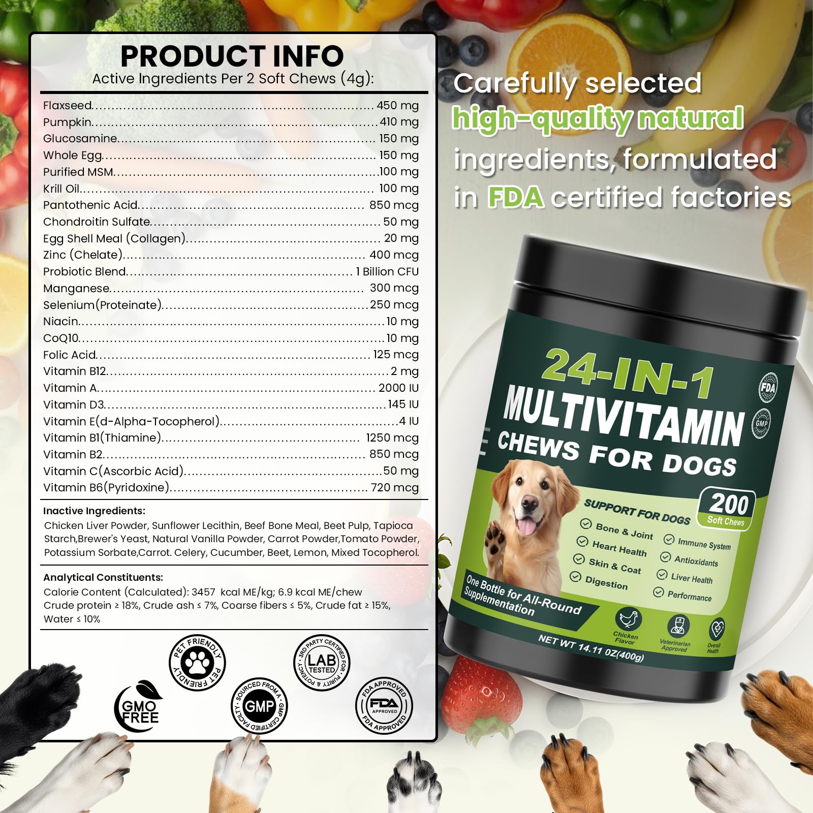 Shiny coat result for dogs taking Tciika multivitamins chewables.