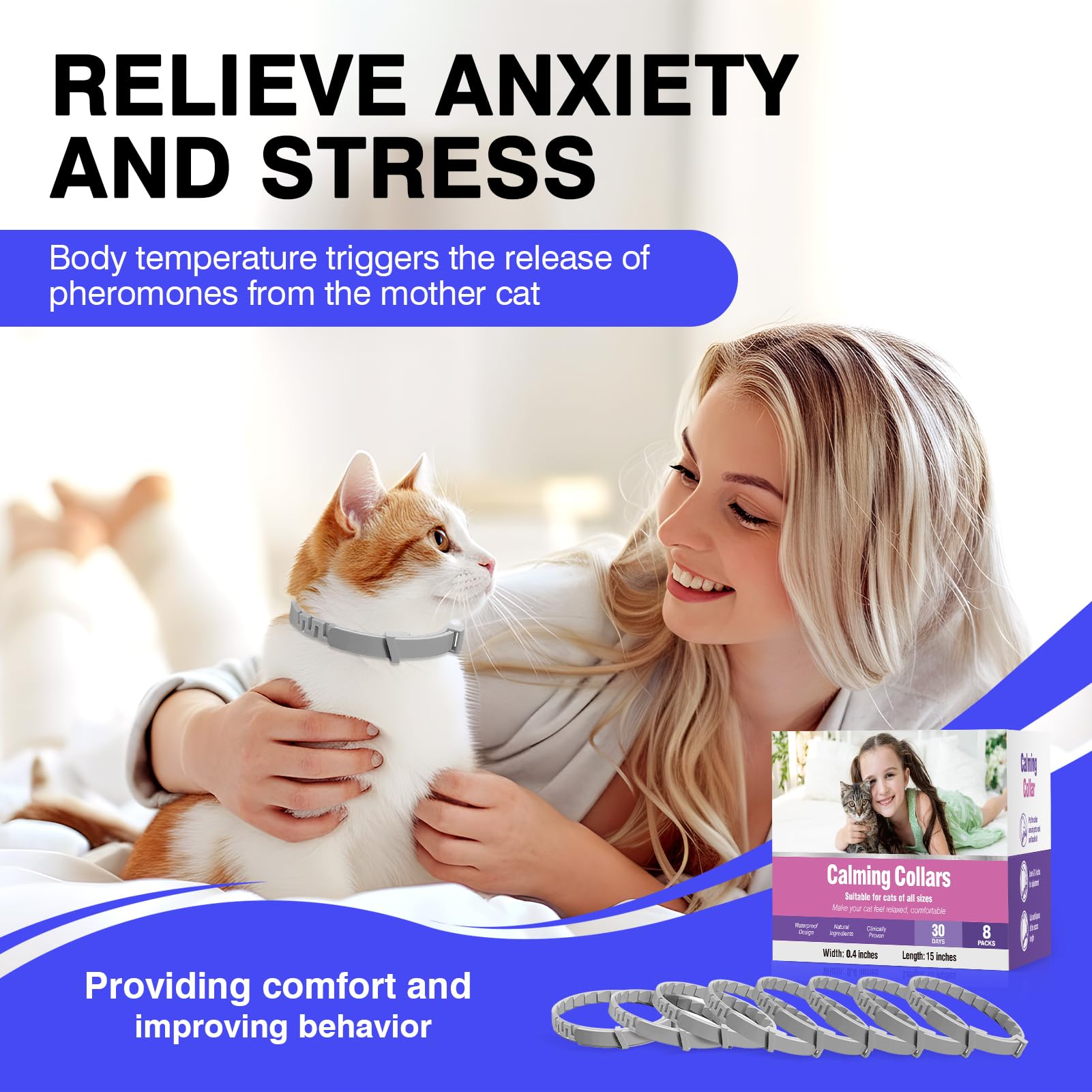 Box of Tcllka 8-pack cat calming collars for multi-cat households.