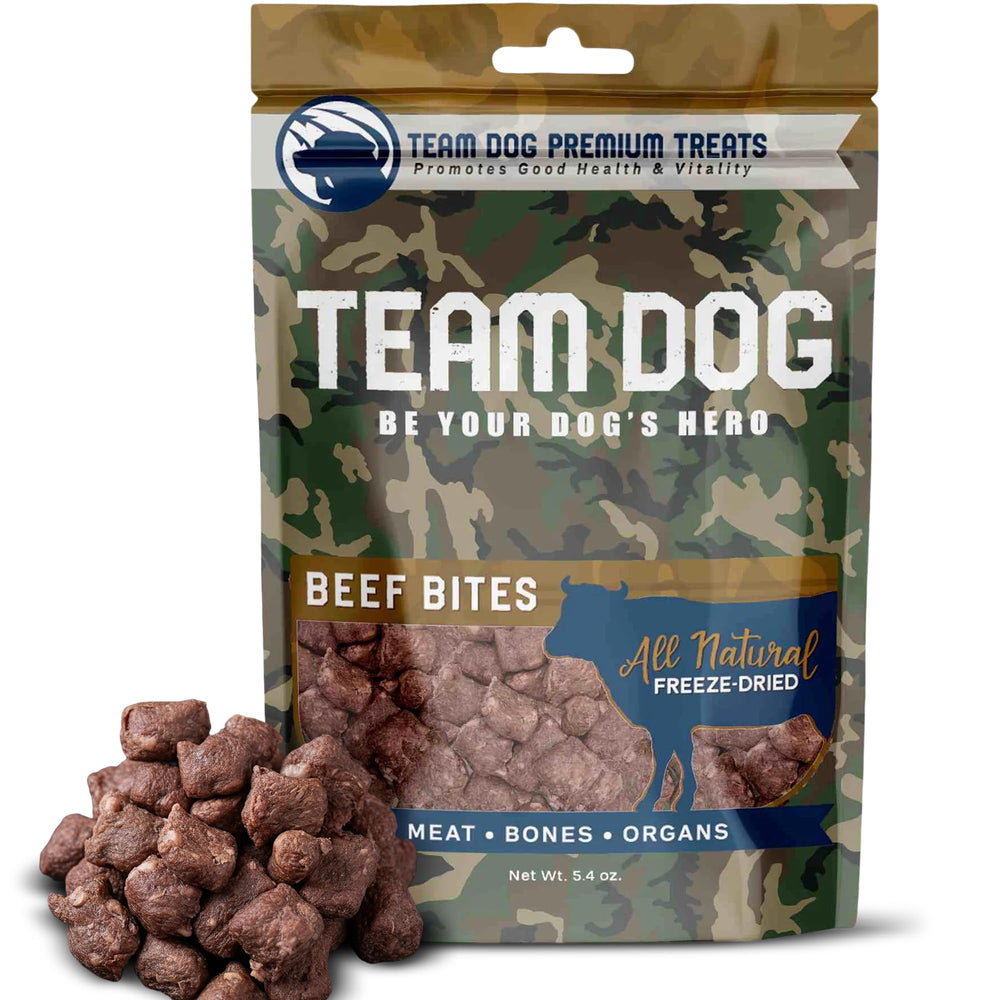 Team Dog freeze-dried beef heart-lung-liver treats packaging for training.