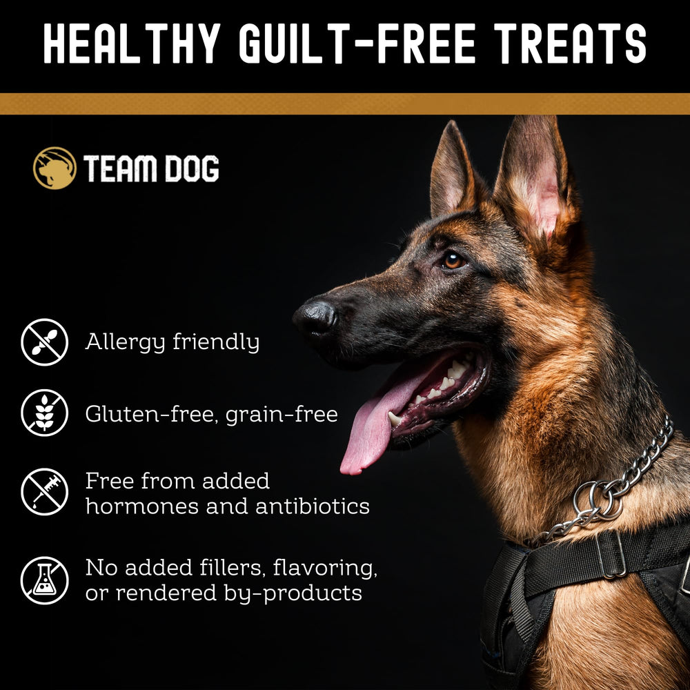 Gluten-free and grain-free Team Dog treats with rich protein.
