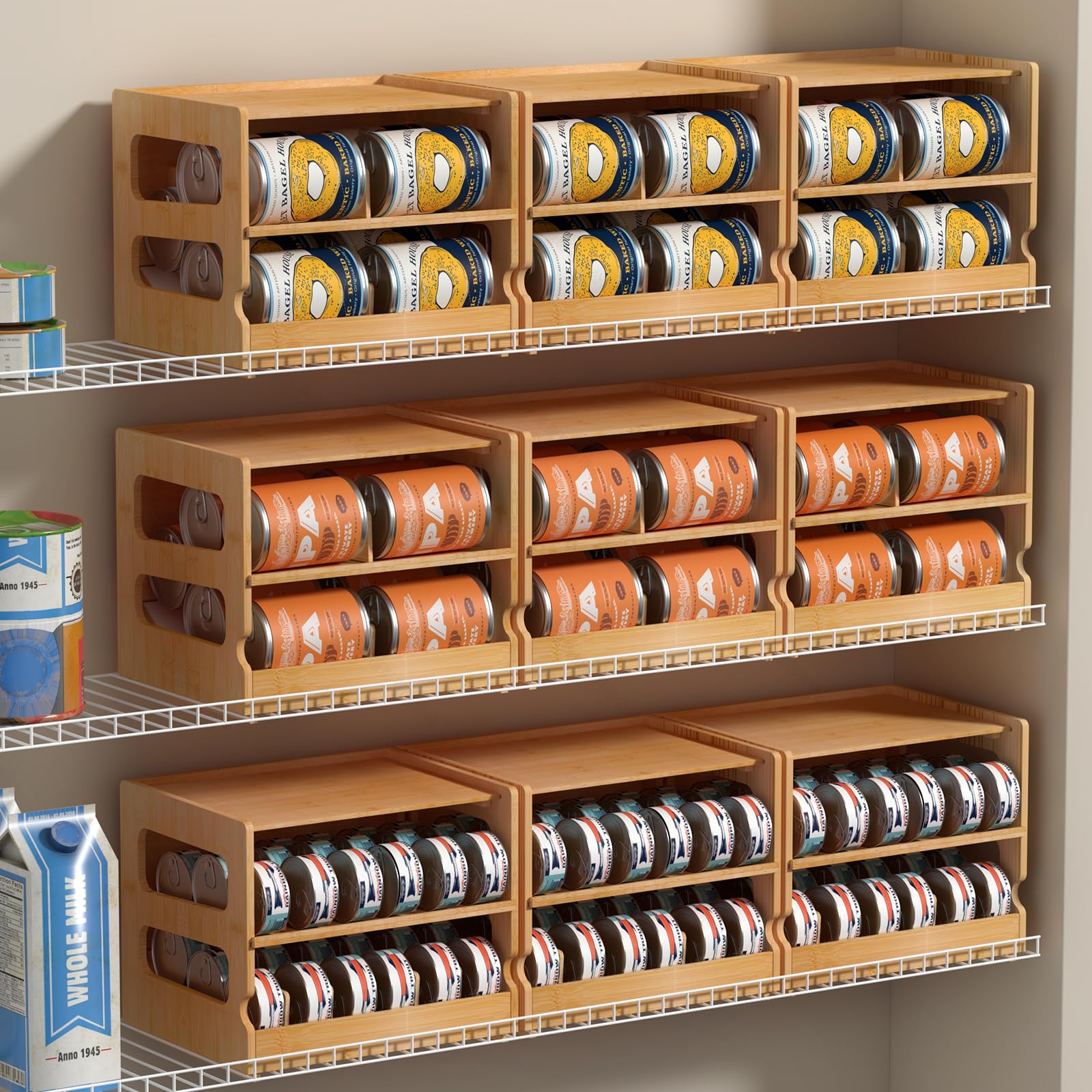 Teamkio FIFO can dispenser in action provides front-ready cans.