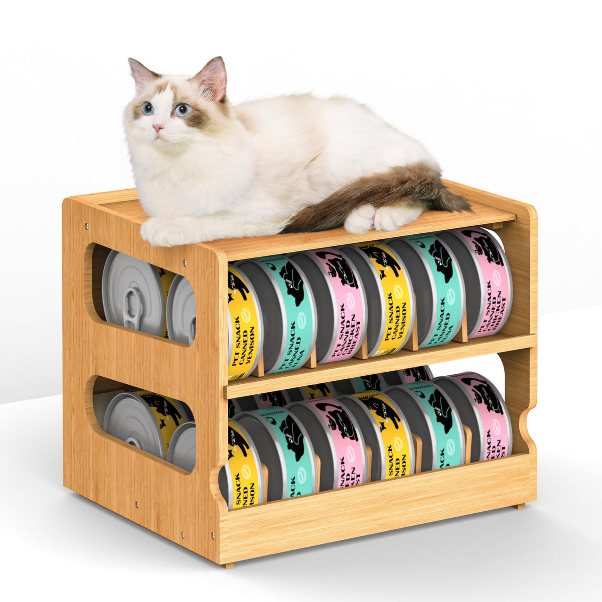 Teamkio stackable bamboo cat food organizer showing two tiers for space saving.