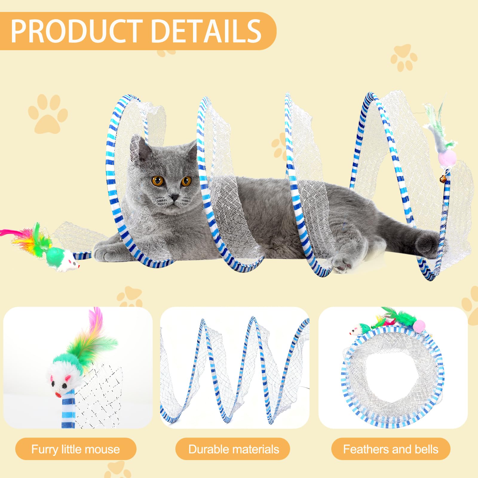 TEASIK cat tunnel toy with feather and bell in yellow blue.