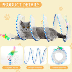 TEASIK cat tunnel toy with feather and bell in yellow blue.