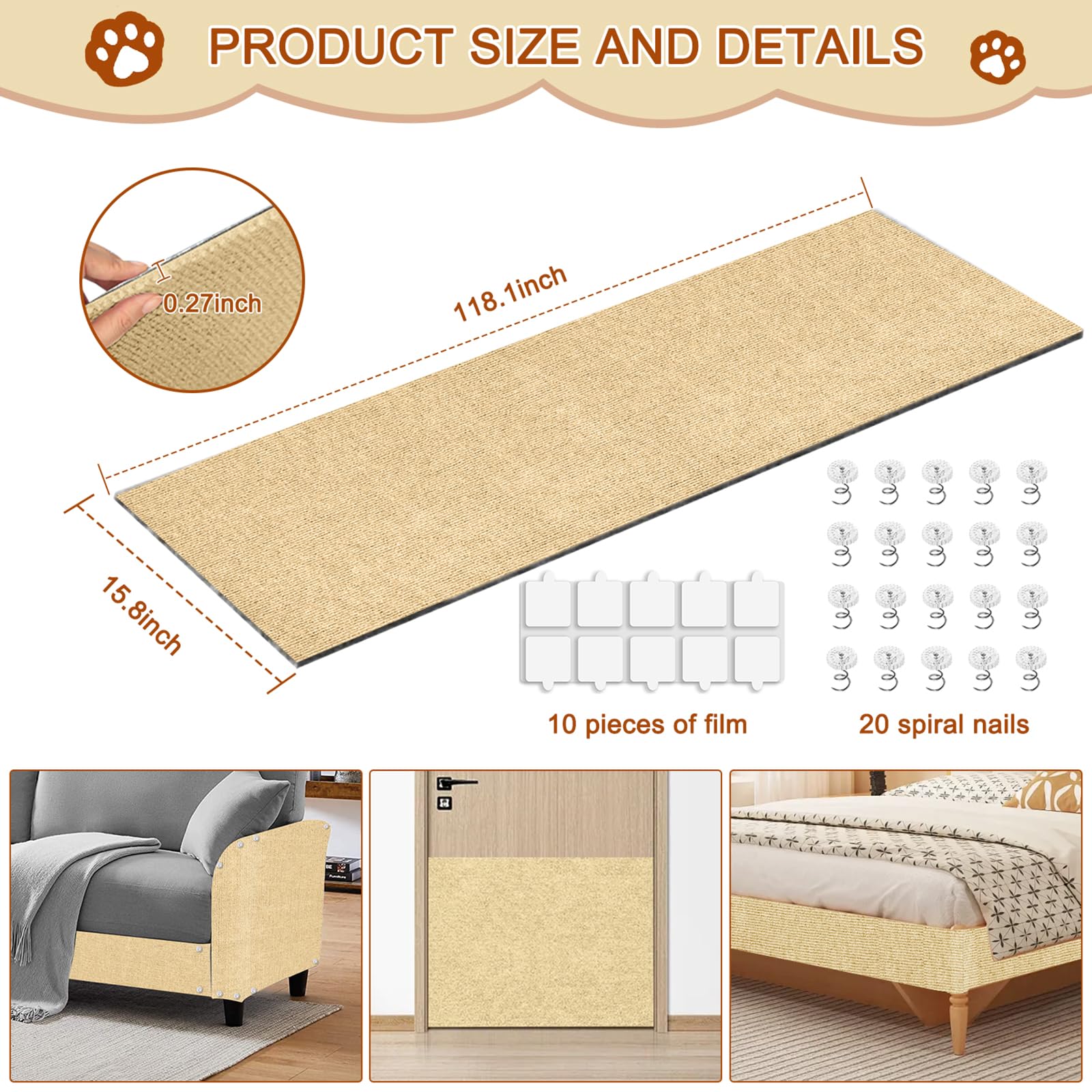 TEBANTY Cat Scratch Mat adhesive back ensures secure attachment