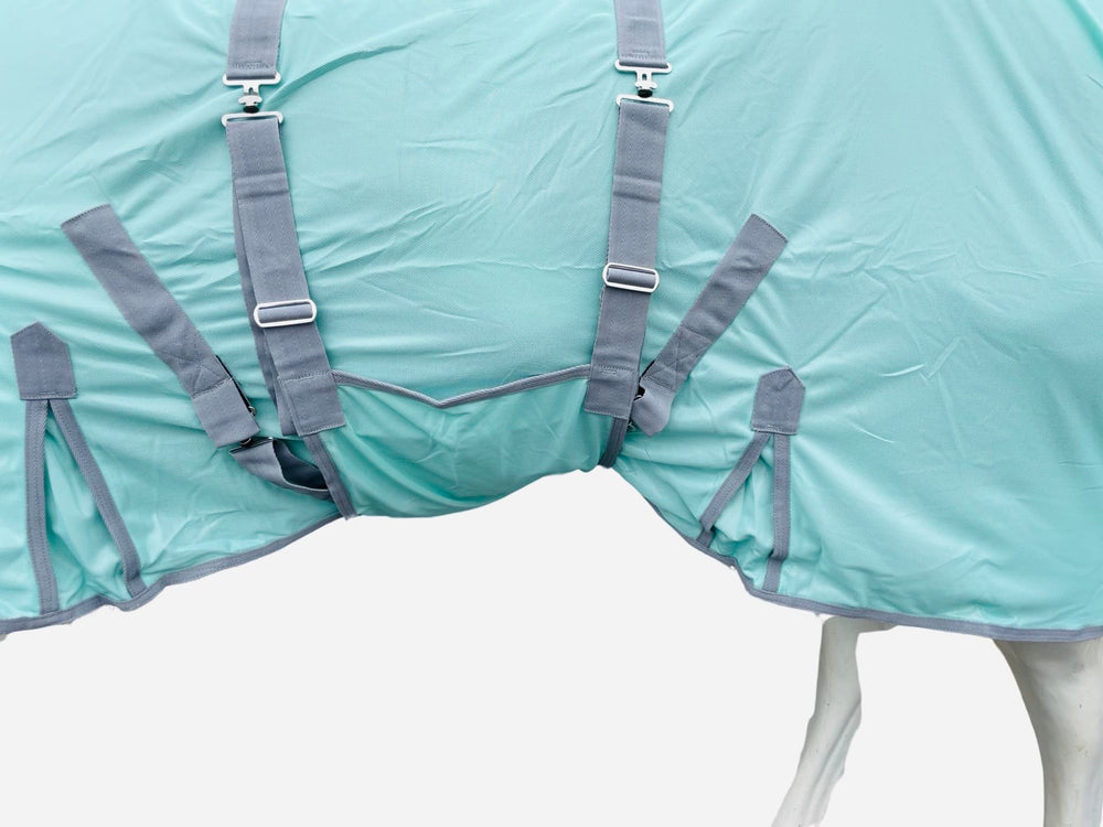Tech Equestrian fly sheet with detachable belly band for customizable coverage.