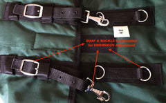 Tech Equestrian rainsheet elastic leg straps pictured for added stability during rides.