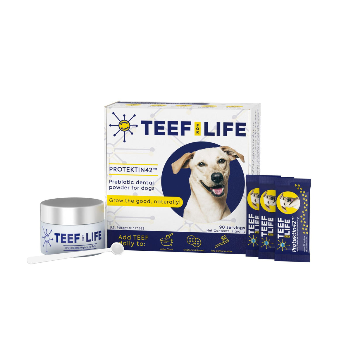 TEEF FOR LIFE Protektin42 packaging highlights plant-based dental care for easy daily use.
