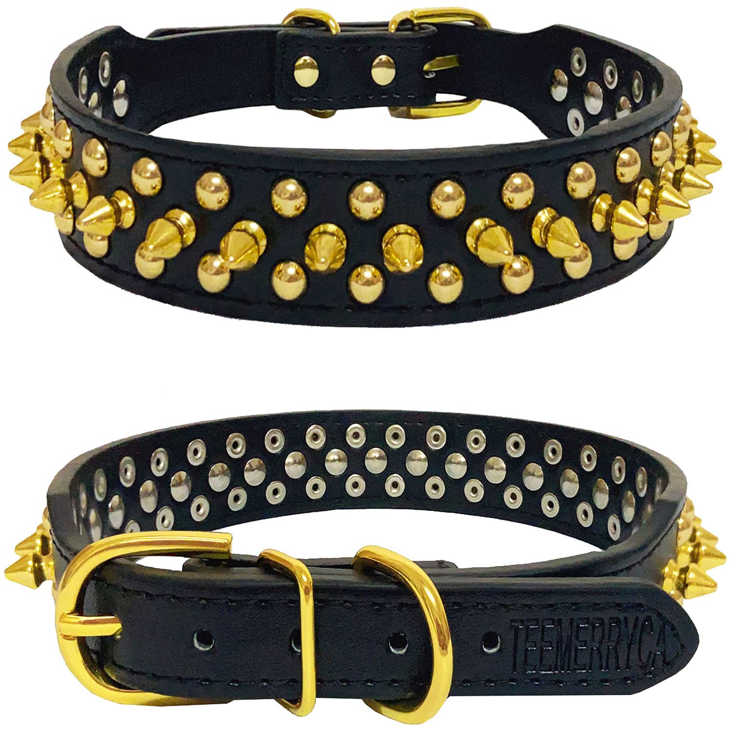 TEEMERRYCA collar worn by a dog showing secure fit and spike deterrence