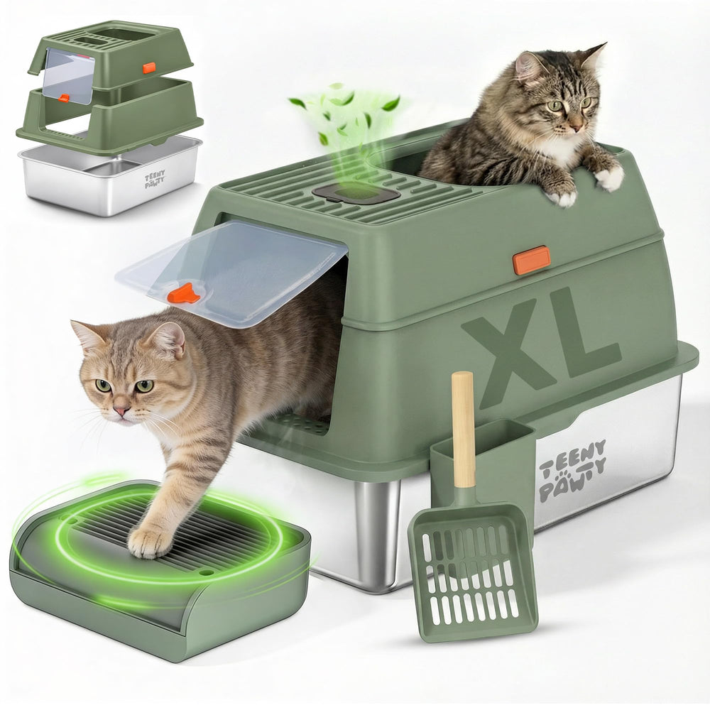 Teeny Pawty XL stainless steel litter box front view with enclosure and high sides for spill containment.