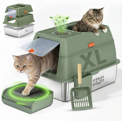 Teeny Pawty XL stainless steel litter box front view with enclosure and high sides for spill containment.