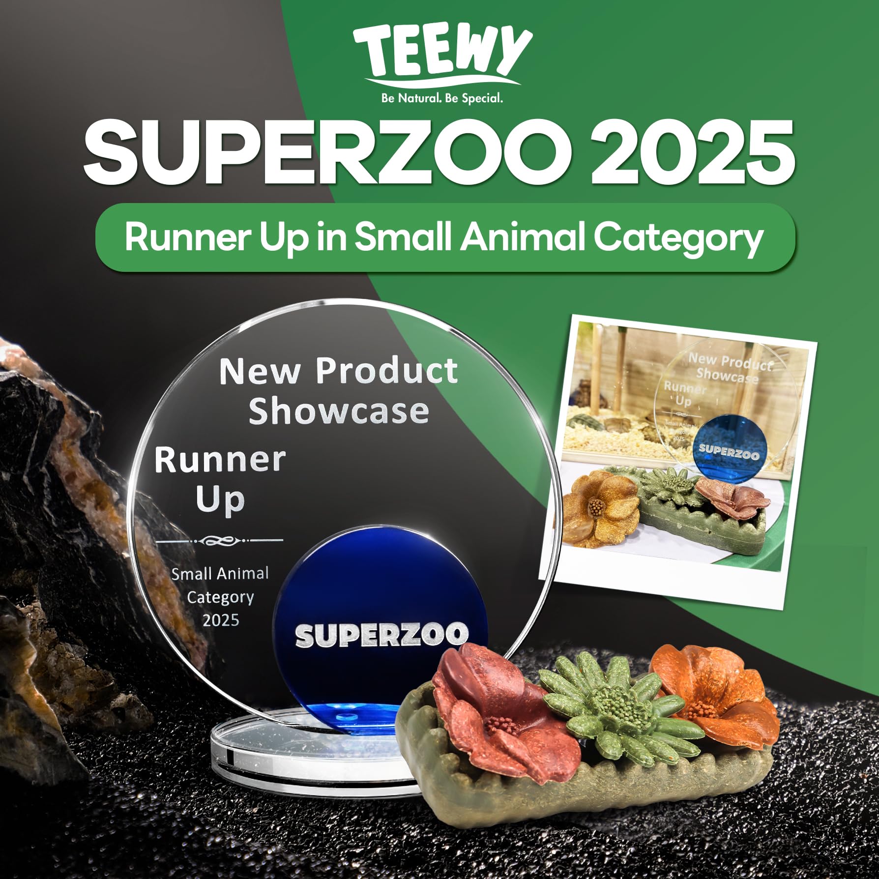 TEEWY natural plant-based ingredients highlight safe chewing for small pets.